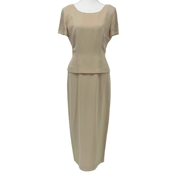 Vintage 80’s Donna Morgan Midi Dress Peplum Beaded Shoulder Cream Tan Size 6 - Picture 1 of 10